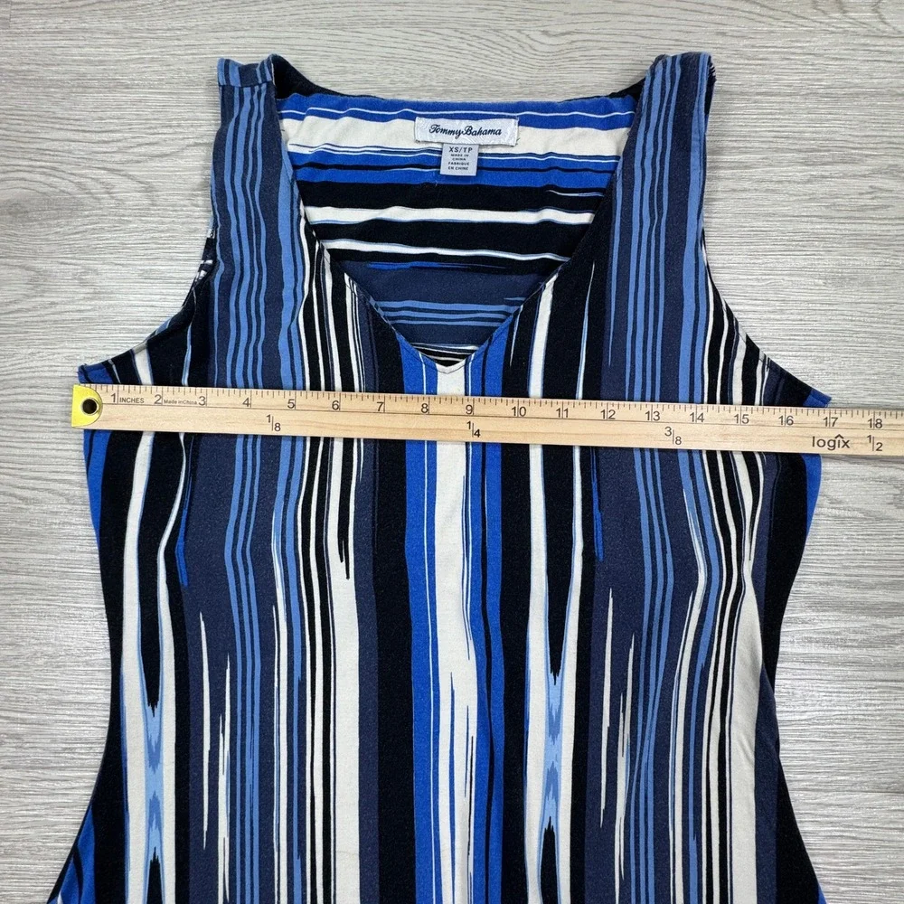 Tommy Bahama Women's Dress Ikat Stripe Blue XS Sleeveless Handkerchief Hem - Picture 3 of 8